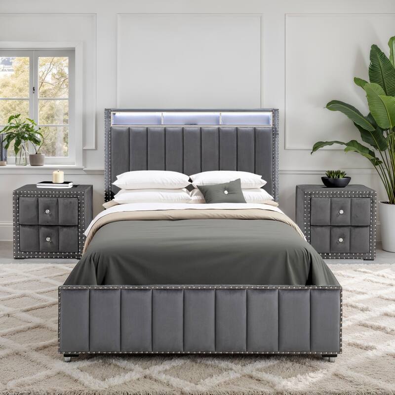 247 Shop At Home Fynor Modern 3-Piece Velvet Queen Storage Platform Bedroom Set - Dark Grey