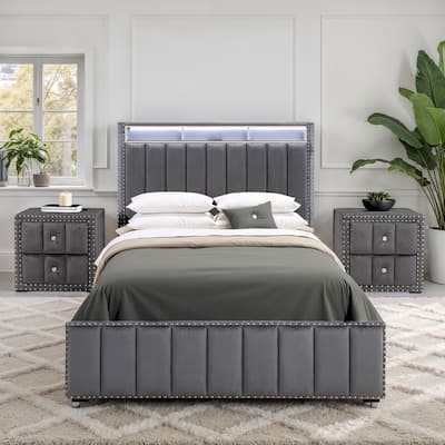 247 Shop At Home Fynor Modern 3-Piece Velvet Queen Storage Platform Bedroom Set