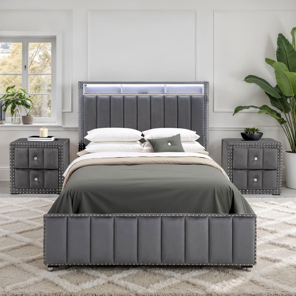 247 Shop At Home Fynor Modern 3-Piece Velvet Queen Storage Platform Bedroom Set