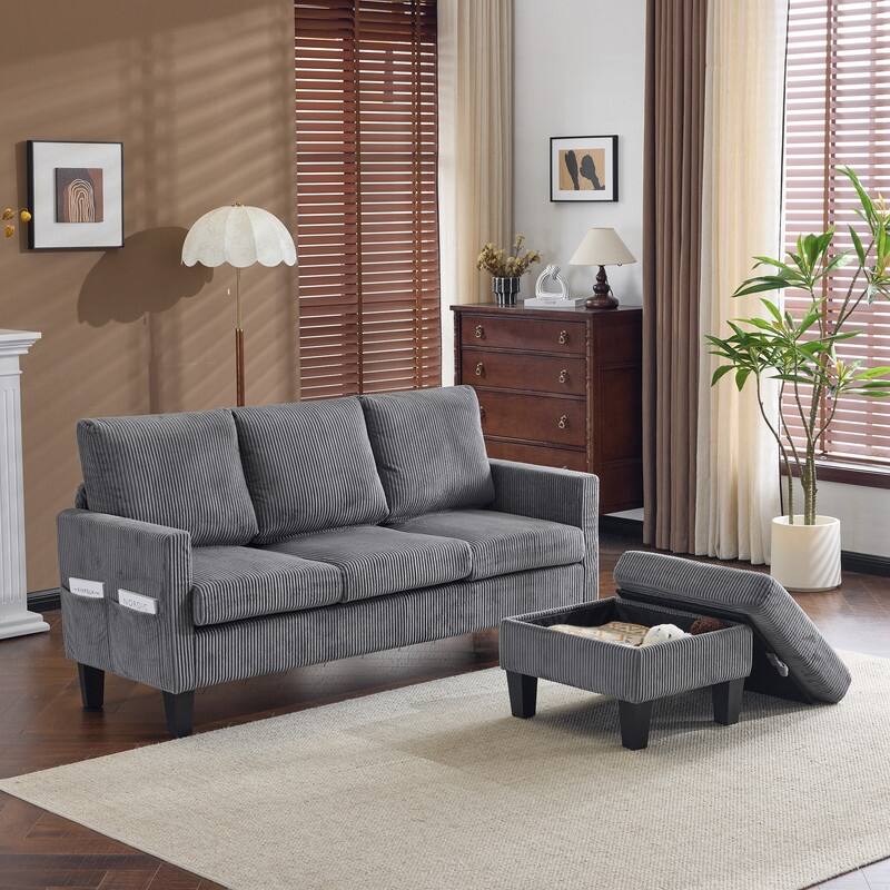 68.5'' W 3-Seat Square Arm Corduroy Couch with Storage Ottoman