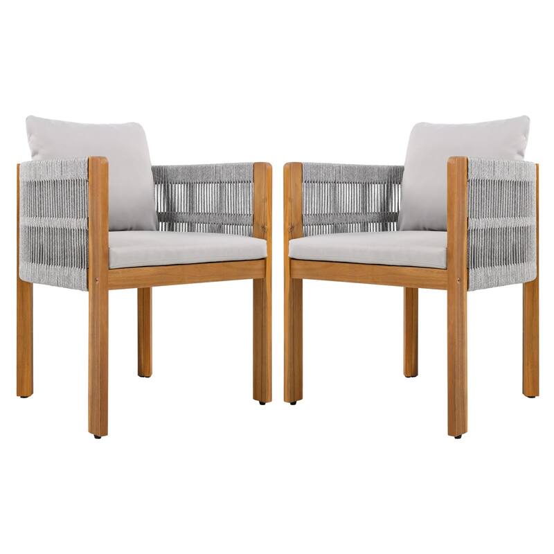 Set of 2 Outdoor Acacia Wood and Rope Dining Chairs with Cushions
