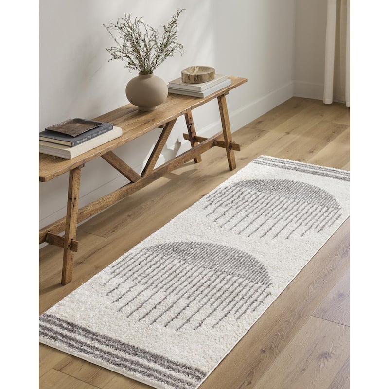 Livabliss Scandinavian Fossay Shag Stripe Washable Area Rug - 2' x 2'11" - Light Beige/ Charcoal