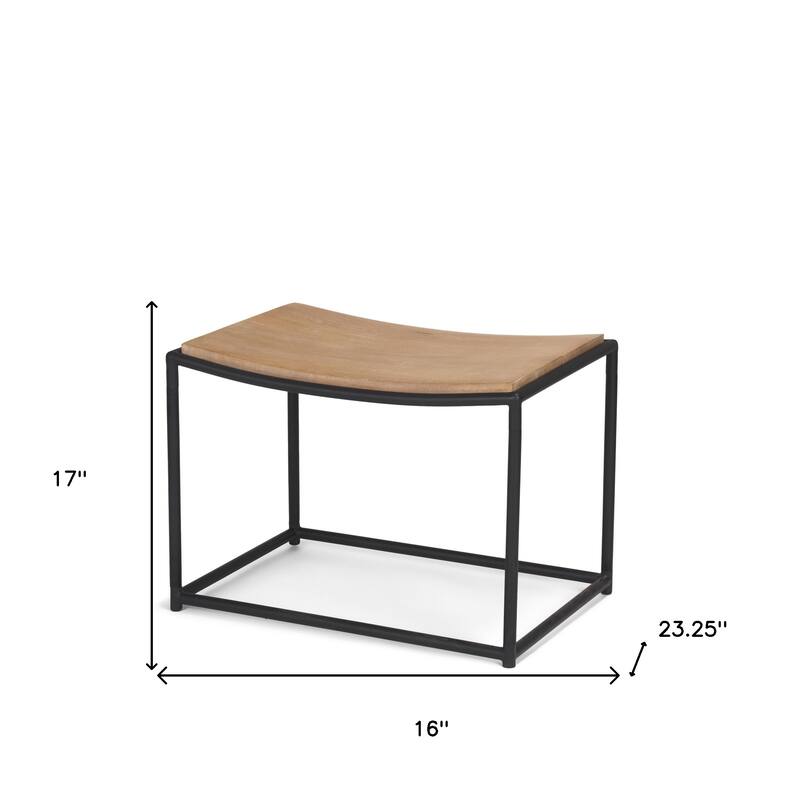 HomeRoots 23" Natural and Black Solid Wood and Metal Footstool