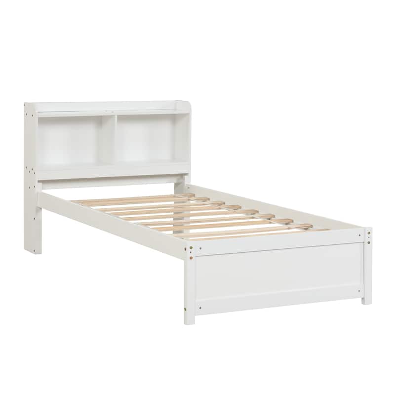 Twin/Full Bed with Trundle and Bookcase Headboard, Wood Storage Bed Frame with Shelves, No Box Spring