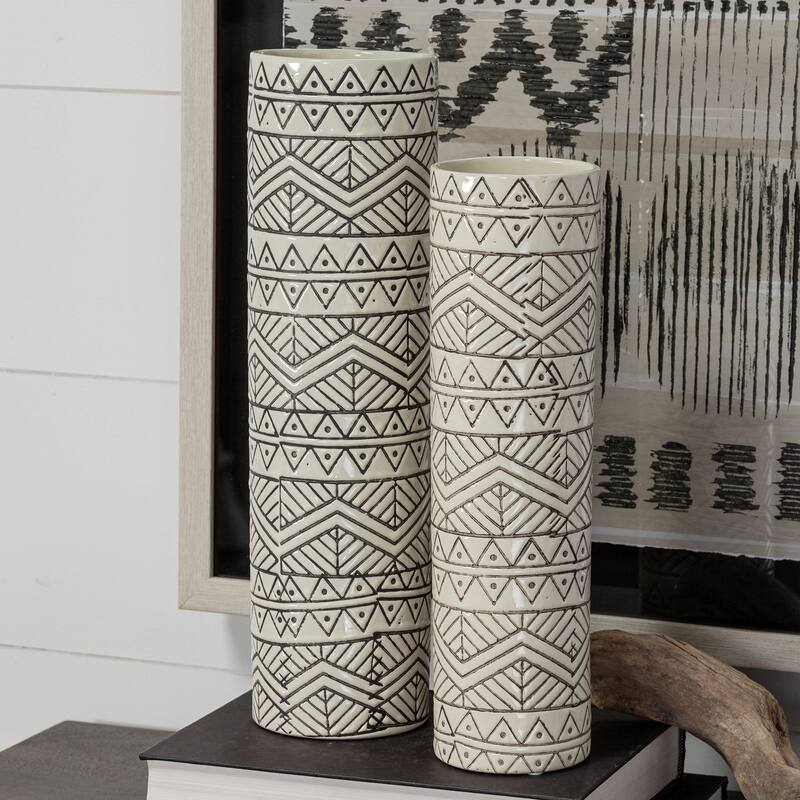 Uhura I Small Cream Black Patterned Cylindrical Vase
