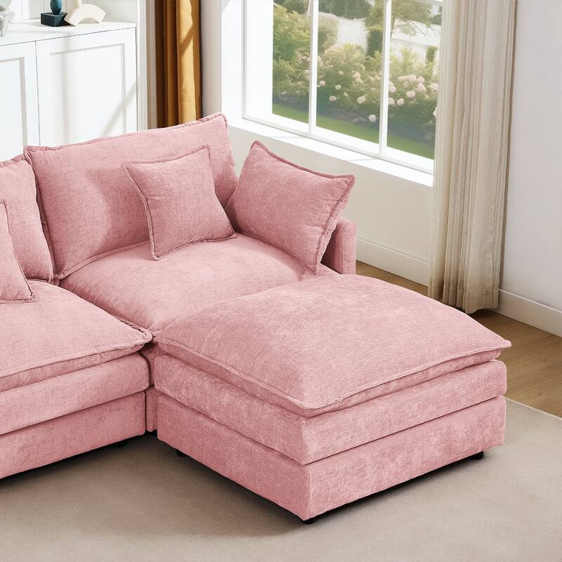 L Shaped Modular Sectional Sofa with Movable Ottoman, Chenille Upholstered Cloud Couch, Deep Seat Sofa with Pillow