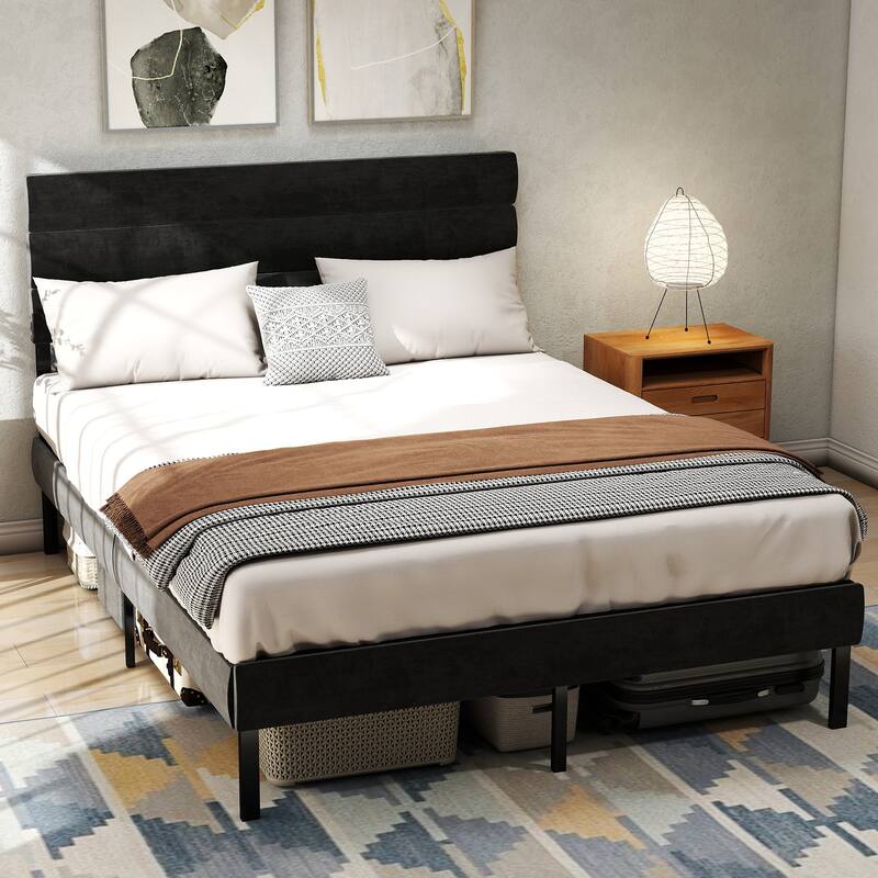 Linen Upholstered Bed Frame Metal Platform Bed Frame with Headboard and 14" Underbed Storage, Metal Slats Support, Noise-Free - Black - Queen