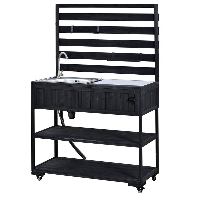 Roomfitters 41.7" Garden Potting Bench with Sink, Rolling Outdoor Potting Table, Bottle Opener, Storage Shelves, Hutch