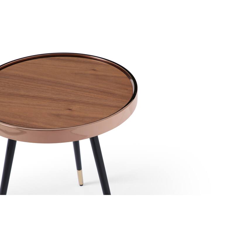 HomeRoots 24" Walnut Black And Rose Gold Wood and Stainless Steel Round End Table - 18.00 in. x 24.00 in. x 18.00 in.