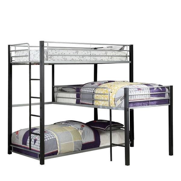 slide 2 of 6, 3 Tier Industrial Style Twin Bunk Bed with Corner Design, Black and Gray