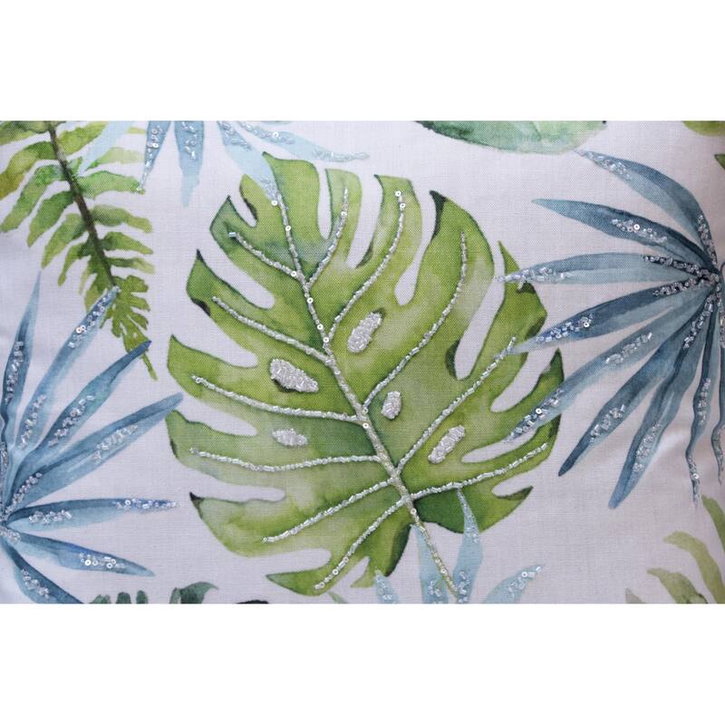 Sevita Hand-Woven Green/Blue Tropical Leaves Polyester Throw Pillow, 20" x 20"