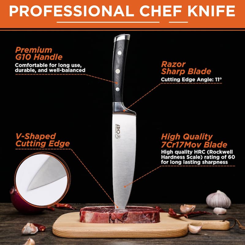 Pro 8 in. High-Carbon Steel Full Tang Chef's Knife with Triple Rivet G10 Handle with Sharpener