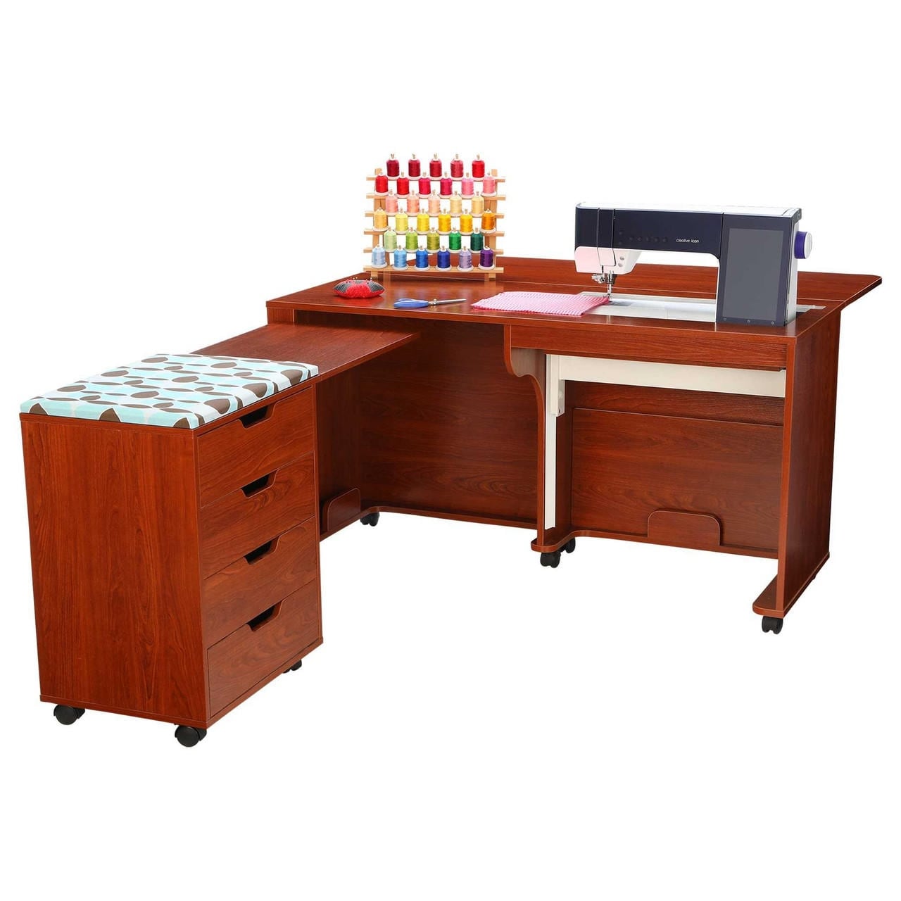 Arrow Laverne Sewing Cabinet with Shirley Four Drawer Storage Cabinet in Teak