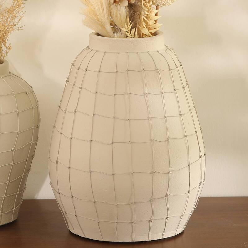 Handmade Off-White Terracotta Vase with Wireframe - Contemporary 11.5x11.5x15.5 Inch Design