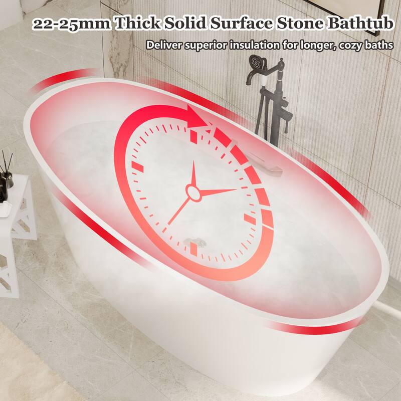 63 in. x 30 in. Solid Surface Stone Resin Freestanding Soaking Bathtub in. White with Tub Grab Bar and Drain Assembly