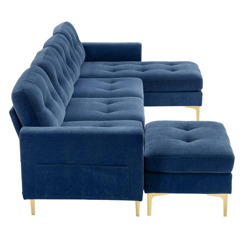 110.6" Velvet L-Shaped Sectional Sofa with Movable Ottoman and Storage Pockets