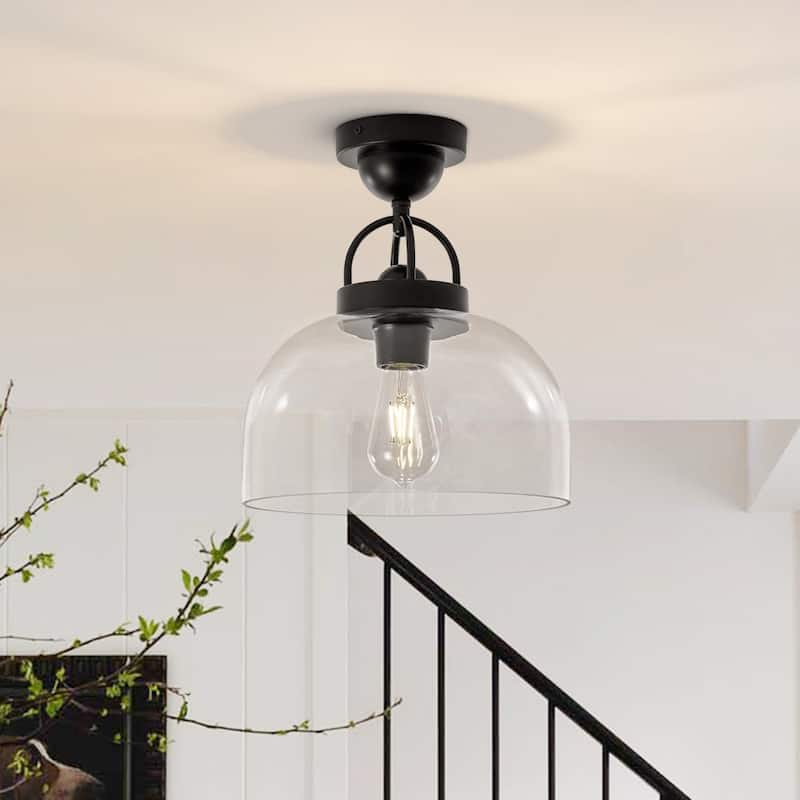 Mid-Century Modern Glass Dome Single Semi Flush Mount Ceiling Light - Black