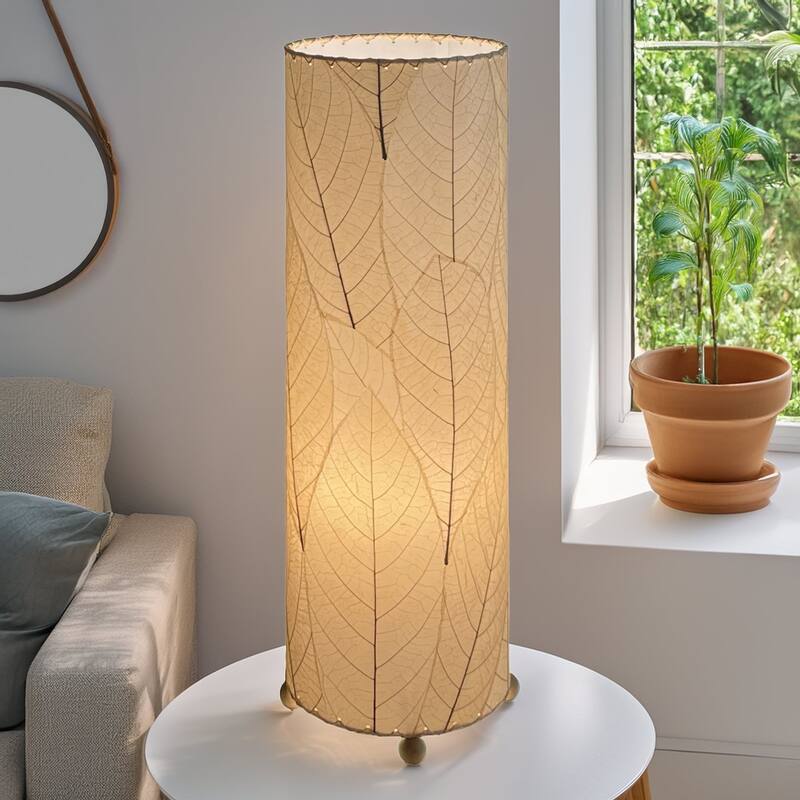 Handmade 24 Inch Cocoa Leaf Cylinder Table Lamp, Cocoa Leaves Shade, 8 x 8 x 24 in. - 8 x 8 x 24