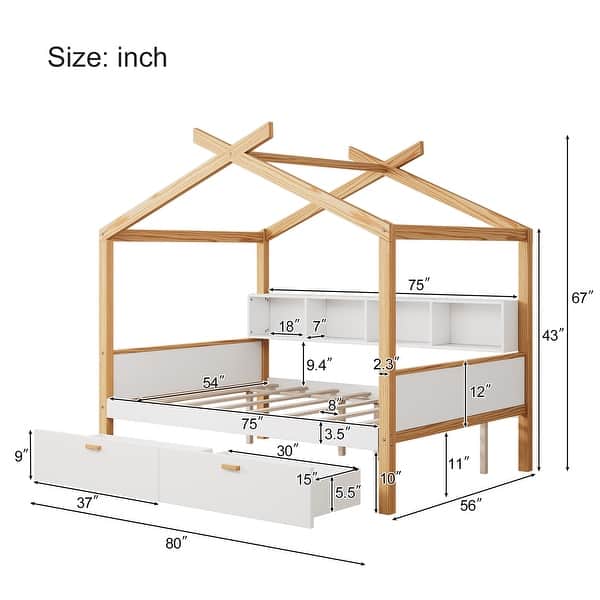 dimension image slide 1 of 3, Wooden House Bed Wood Color Frame with 2 Drawers and Bookshelf Storage Space