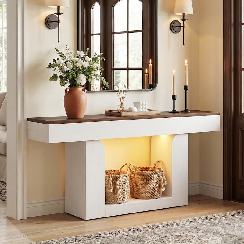 63'' W Farmhouse Console Table with Chaging Station, Thick Sofa/ Entryway Table with Storage Shlef