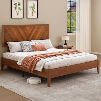 Moasis Farmhouse Rustic Brown Wood Bed Frame with Adjustable Headboard&Slats Support