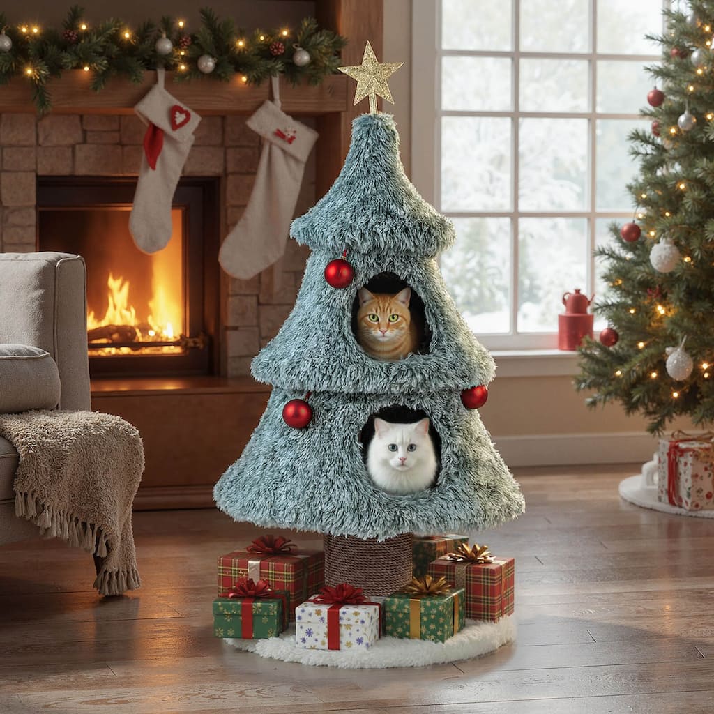 Costway 48.5” Christmas Cat Tree for Indoor Cats with 2 Large Condos, - as pic shows - See Details