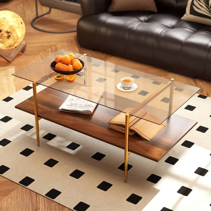 2-Tier Glass Coffee Table with Tampered Glass Tabletop and Open Storage Shelf-Brown - Multi