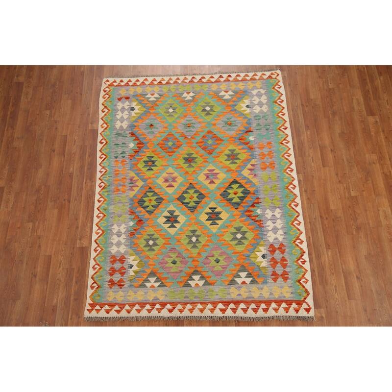 Hand Woven Oriental 100% Wool Carpet Southwestern Geometric Multi-Colored Kilim Area Rug - 6' 8'' X 5' 0''
