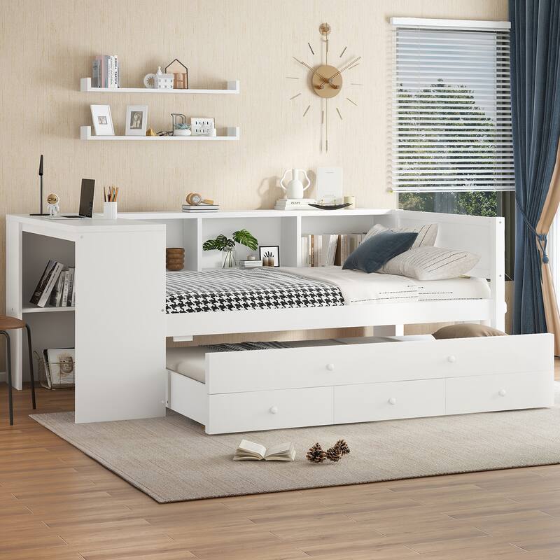 Roomfitters Twin/Full Size Wood Daybed with Trundle, Storage Drawers, Side Shelves & Built-in Desk, No Box Spring Needed