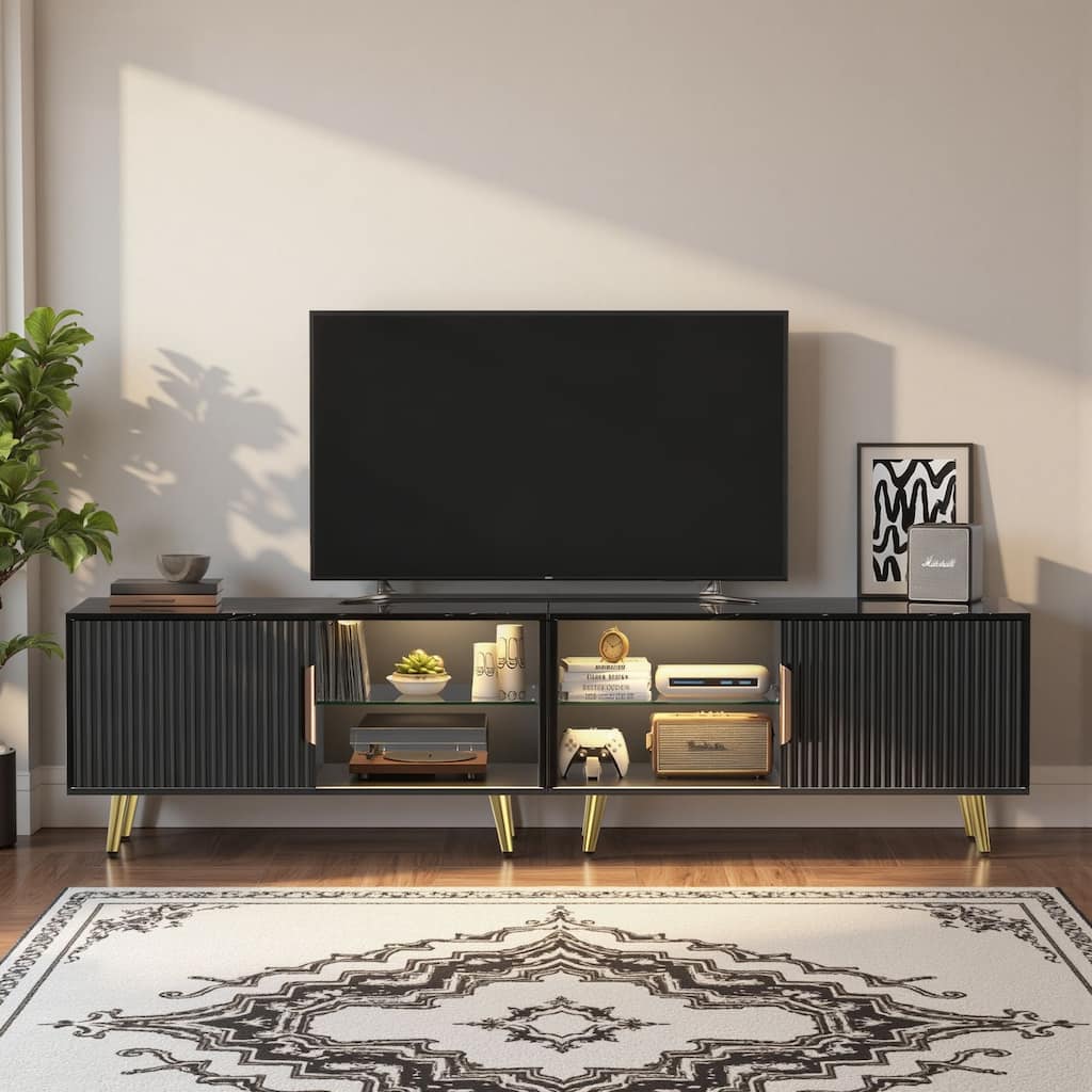 Meyreso 2-Piece Modular TV Stand and Coffee Table Set with Wave Pattern Doors & Adjustable Glass Shelf - 78 inches