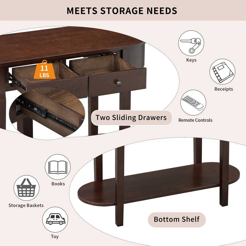 Curved Console Table with 2 Storage Drawers and Metal Handles, Wooden Hallway Tables Entryway Table wOpen Storage Shelf