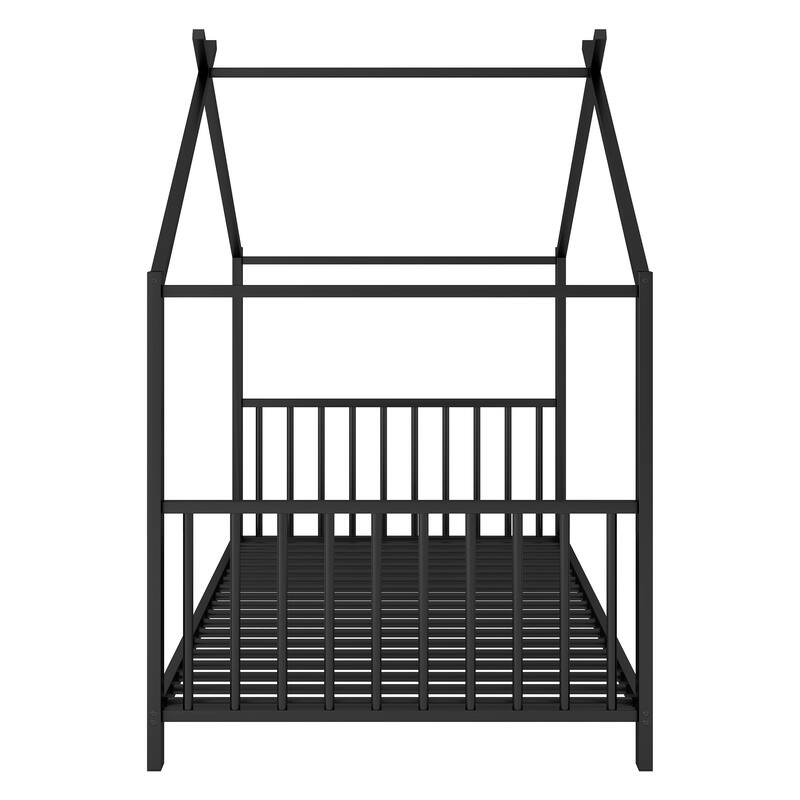 Roomfitters Twin Size Metal House Platform Bed Frame with Modern Minimalist Style and Guardrail