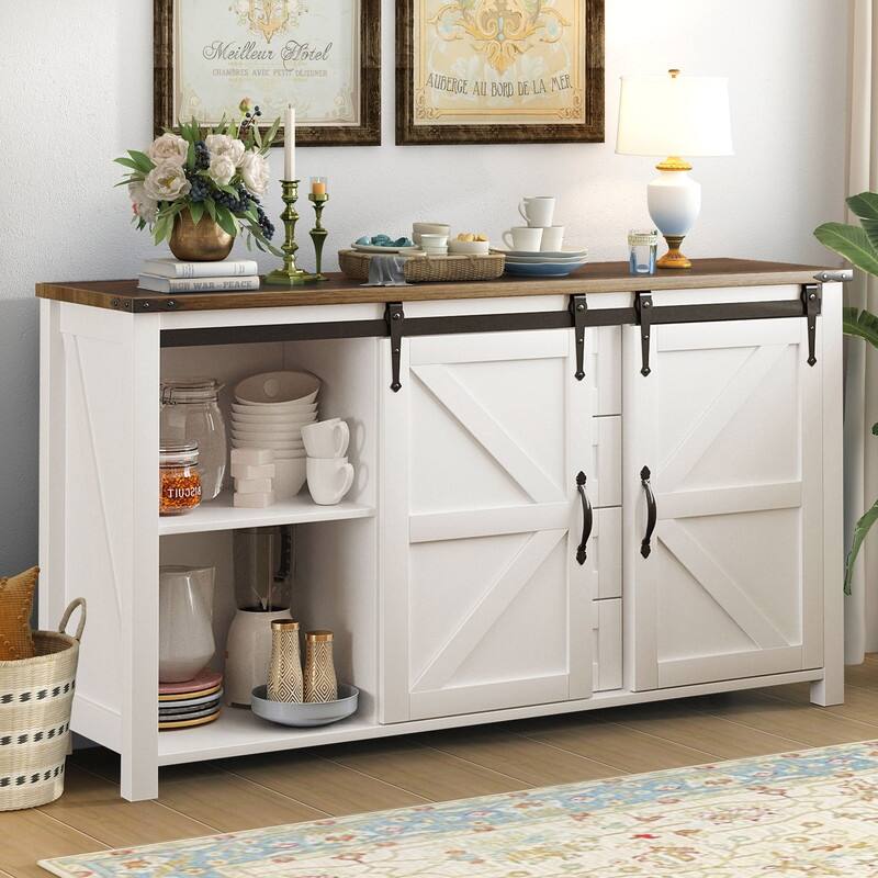 Farmhouse 55.1" Sideboard with Sliding Barn Doors and Storage Drawers, Wood Buffet Table with Power Outlet