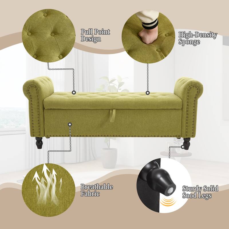 Upholstered Storage Ottoman Bench - Button Tufted Linen Ottoman with Hidden Storage for Living Room or Bedroom