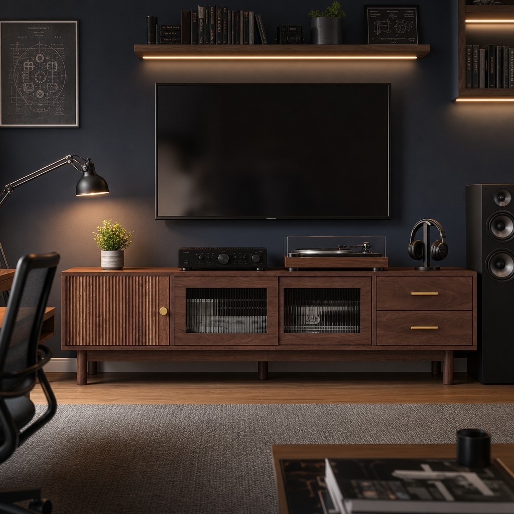 70.9" Mid Century Modern TV Stand for TVs up to 80", Media Console with Glass Sliding Doors & Drawers