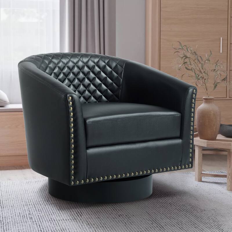 Tufted PU Vegan Leather Swivel Barrel Chair with Nailheads Trim - Black