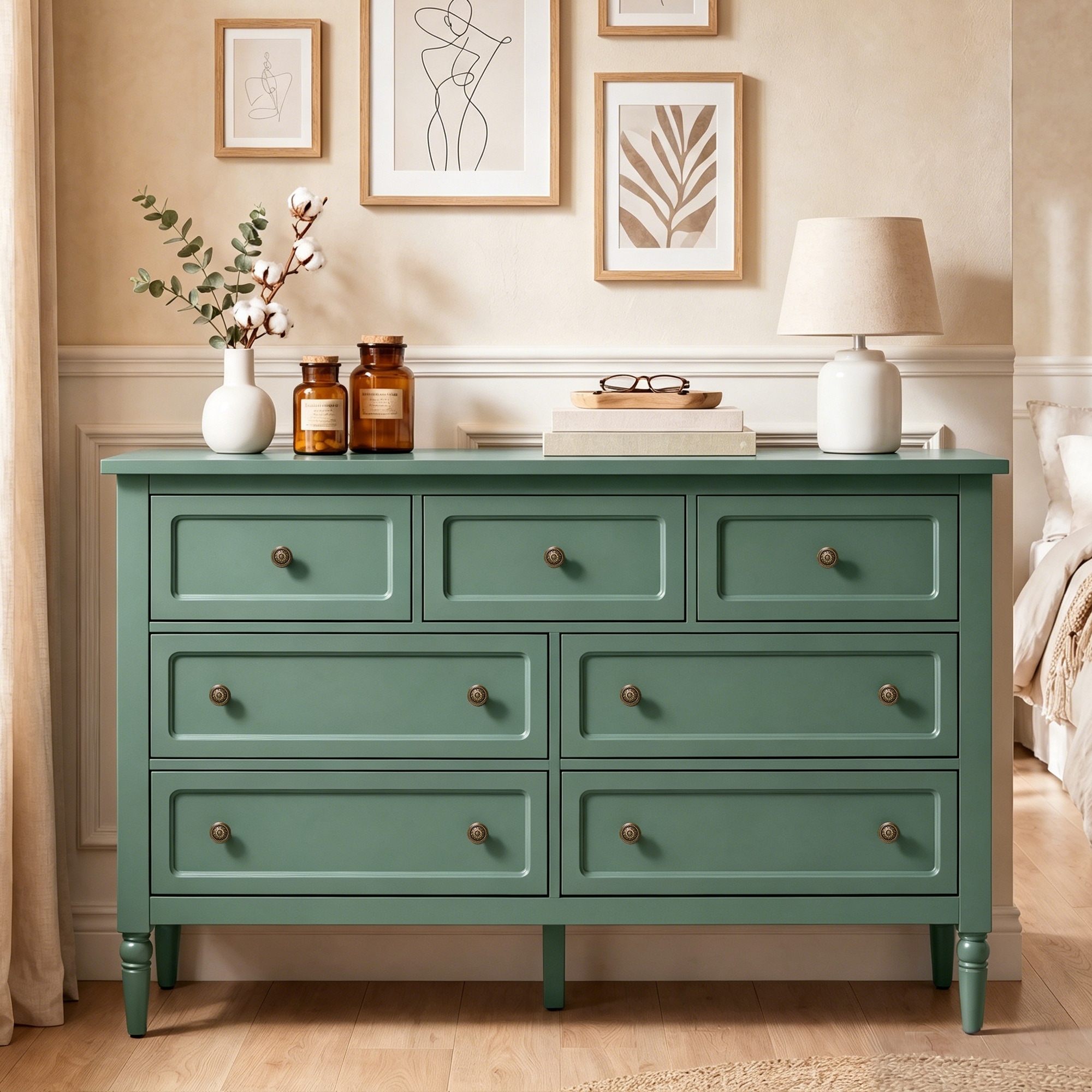 Vintage 7-Drawer Wood Dresser, Wide Storage Chest of Drawers with Solid Wood Legs & Anti-Tip Safety Strap for Bedroom Entryway