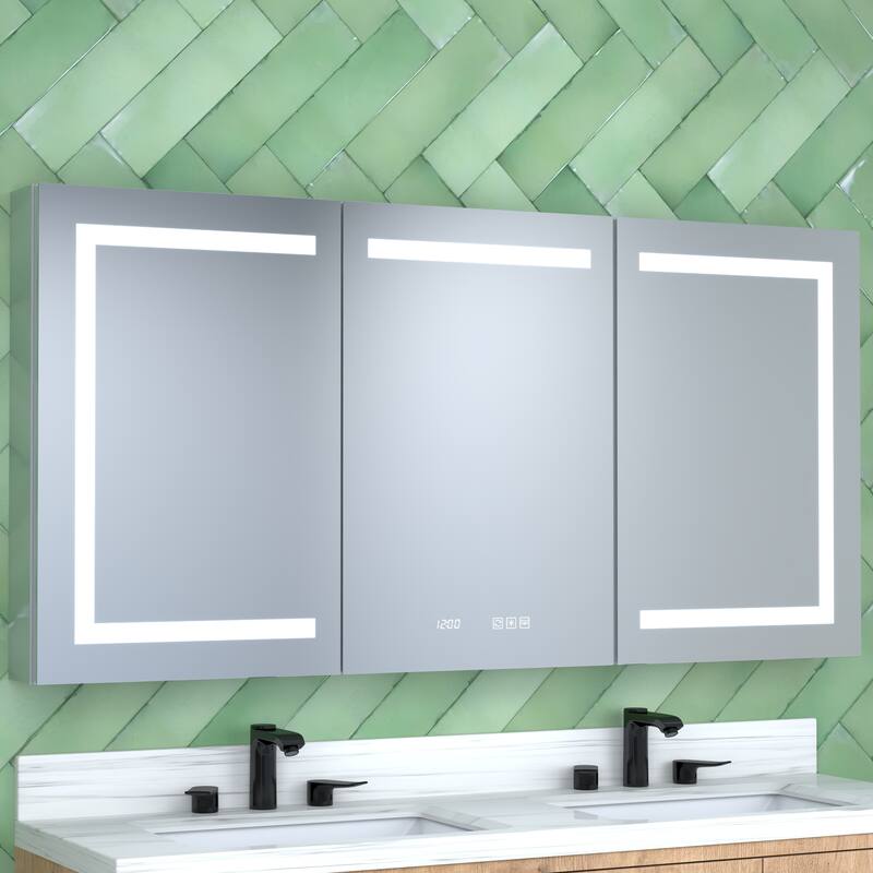 Rectangular Aluminum Recessed/Surface Mount Medicine Cabinet in Silver with Mirror LED and Clock