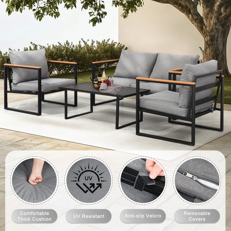 4-Piece Black Iron Patio Set with Gray Cushions, Coffee Table & 2 Singles+1 Loveseat