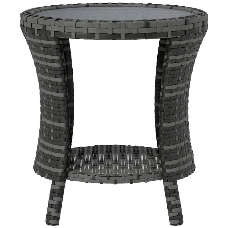 Steel PE Rattan WPC 2-Tier Hourglass Outdoor Side Table - 18.1" Dia. x 19.7" H - Grey