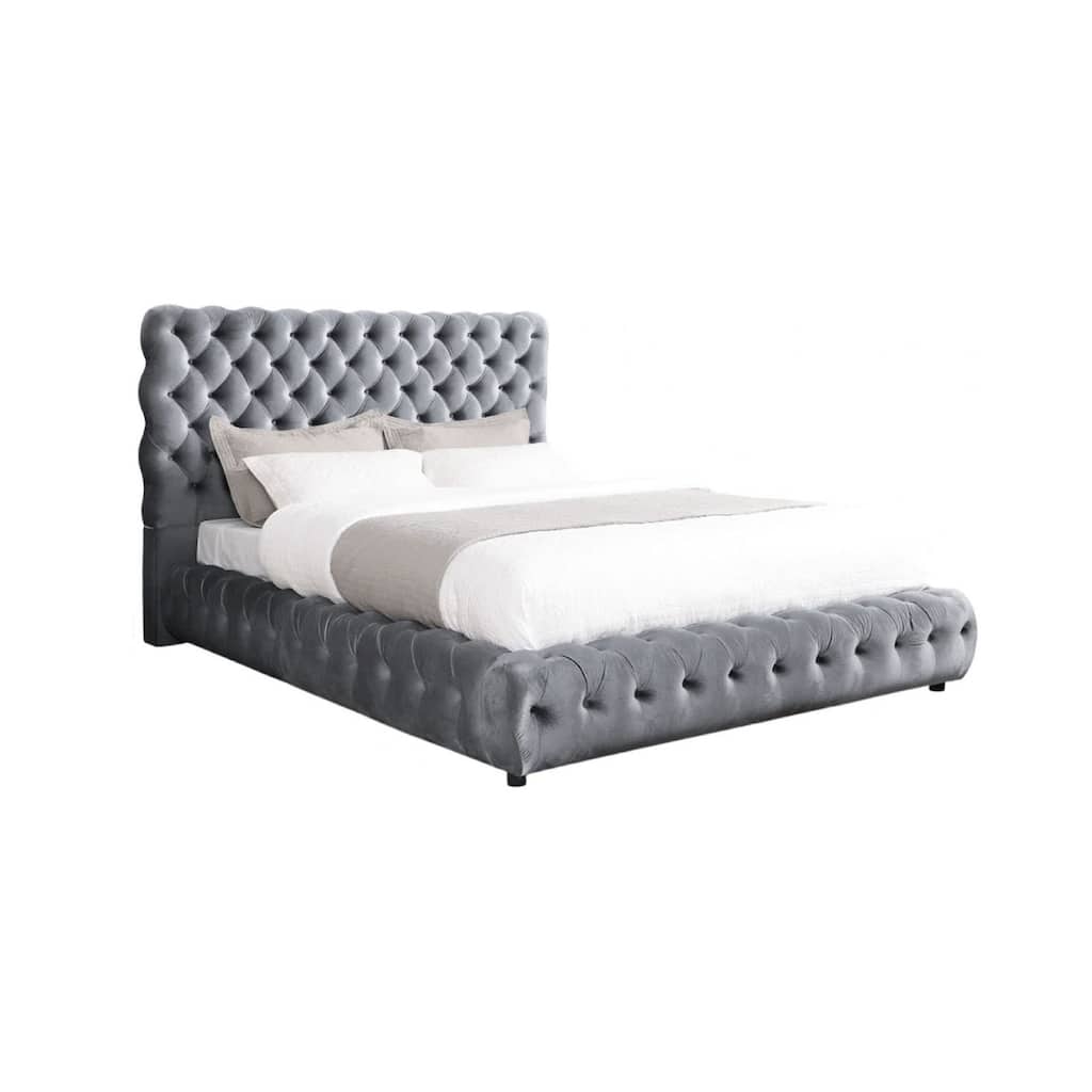 Goy Queen Size Bed, Diamond Tufted Gray Velvet Upholstery, Low Profile