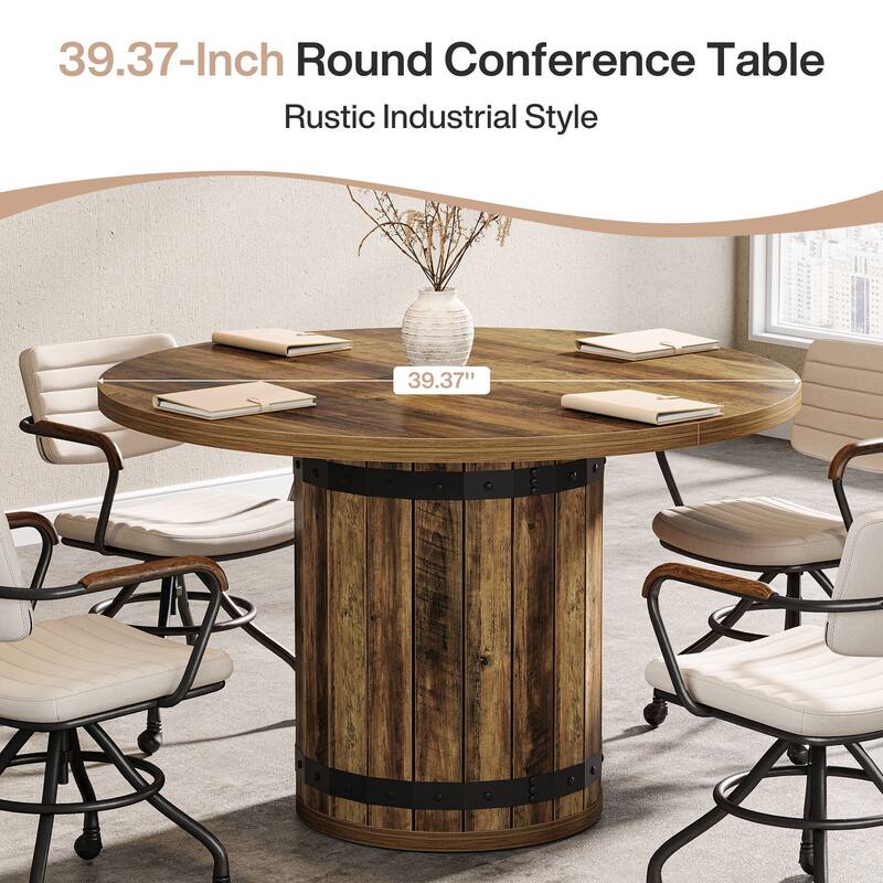 39.37-Inch Round Conference Table, Farmhouse Meeting Room Table