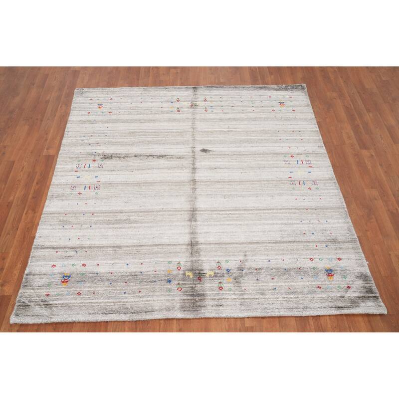 Hand Knotted Oriental Viscose Silk Carpet Tribal Animal Pictorial Greys & Charcoal Gabbeh Area Rug - 6' 2'' X 5' 11''