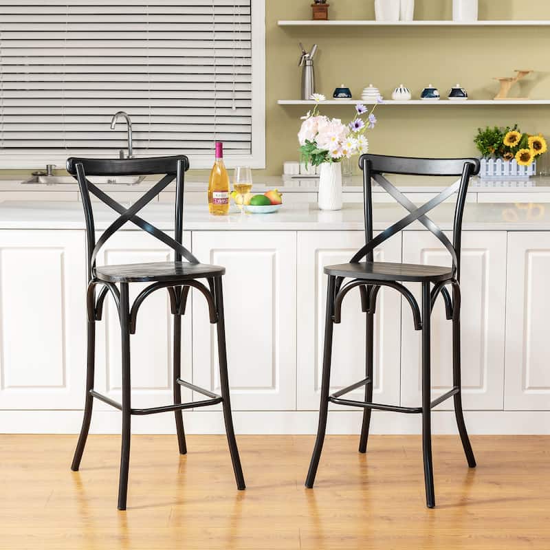 Glitzhome Industrial Metal Solid Elm Wood Seat Kitchen Bar Stool Chairs Set of 4