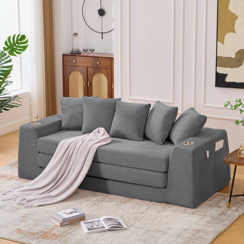 2 in 1 Convertible Sofa Bed, Sleeper Sofa with Storage Pockets, Pull Out Loveseat Couch with Two Cup Holders