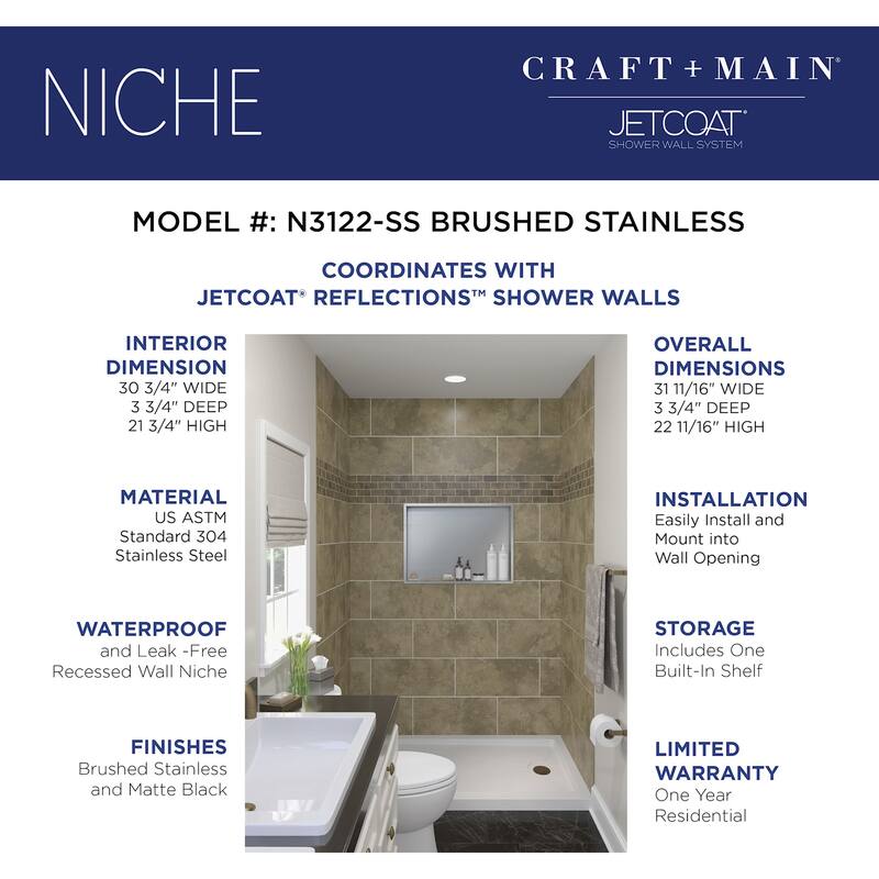 CRAFT + MAIN N3122S 22" x 31" Shower Niche