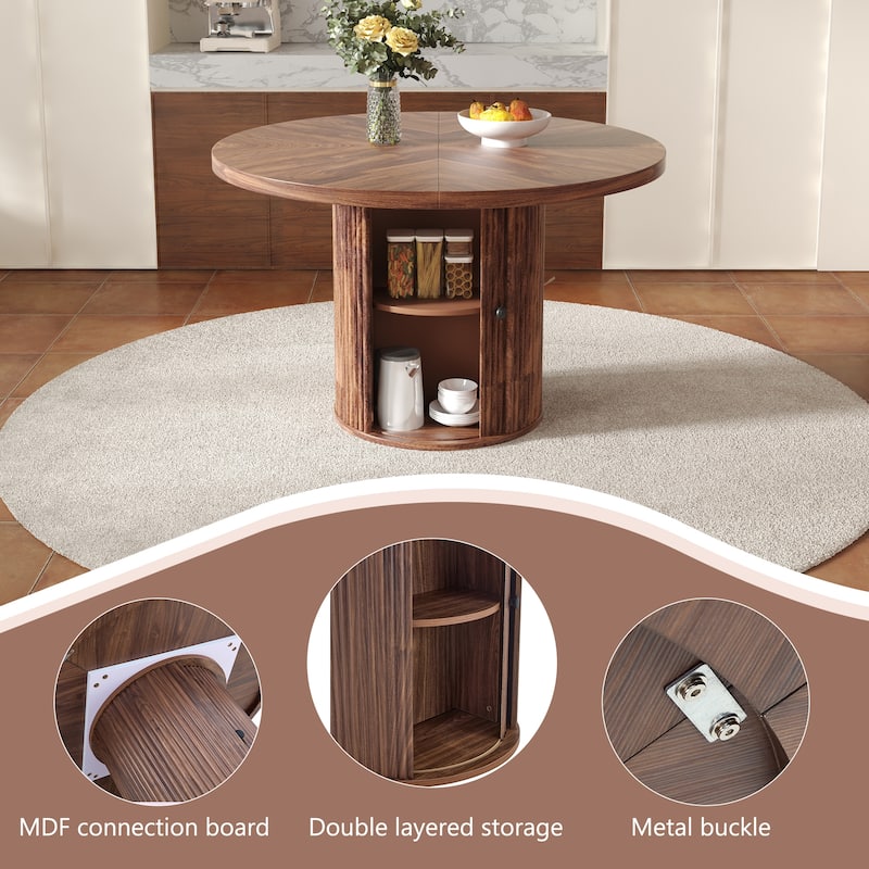 ‌47.2" Round Wood-Grain Dining Table - Double-Tier Storage & Roman Column Base, Timeless Elegance‌.