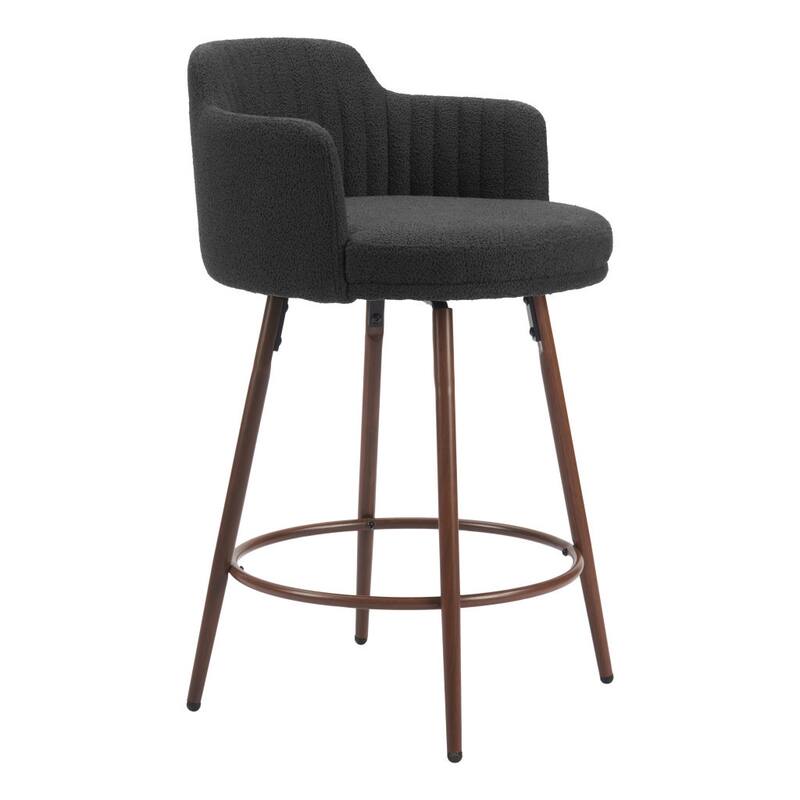 HomeRoots Set of Two 26" Black and Walnut Faux Shearling and Steel Counter Height Swivel Bar Chairs