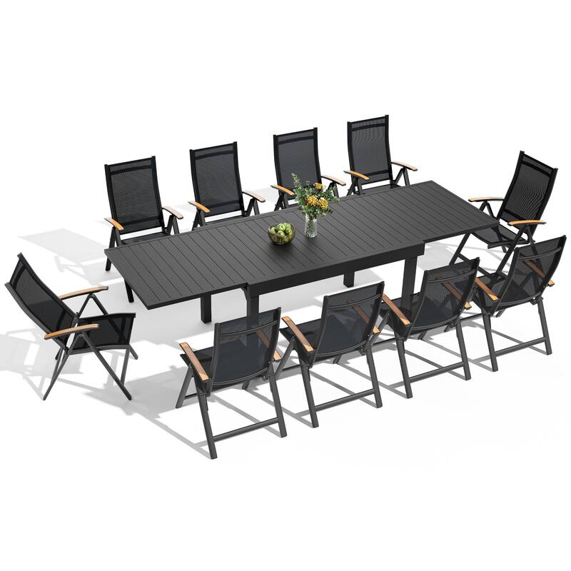 5/7/11-Piece Outdoor Patio Dining Set Aluminum Expandable Rectangular Dining Table with Adjustable Back Folding Chairs