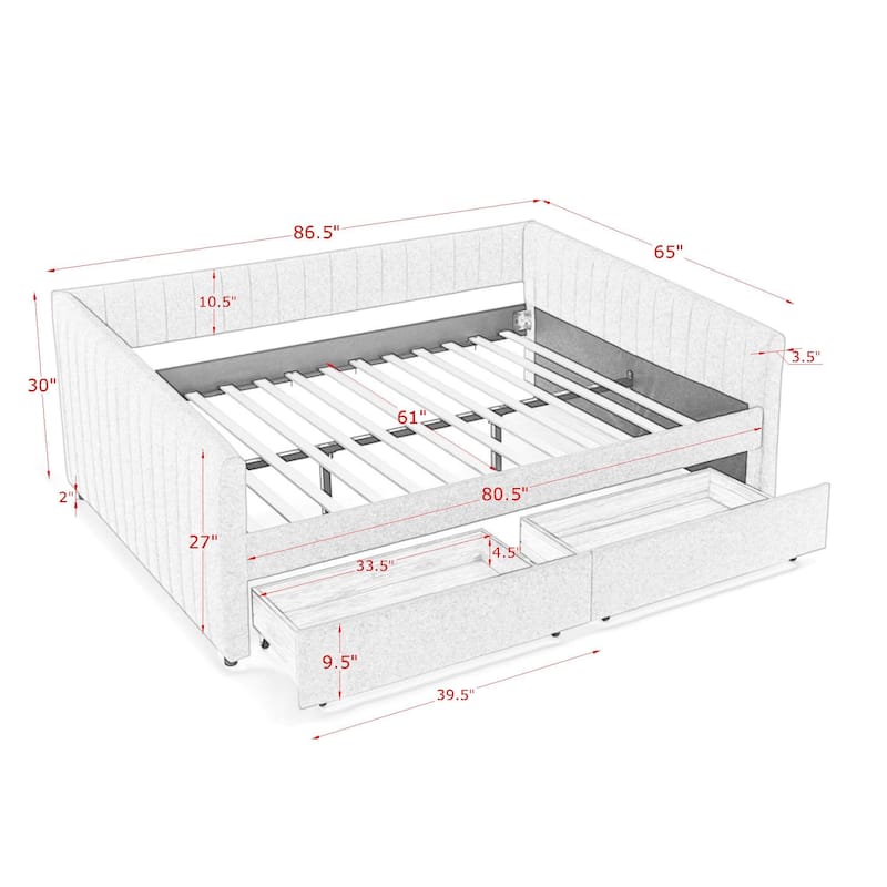 Roomfitters Queen Upholstered Daybed with Trundle and Storage Drawers, Vertical Striped Linen Sofa Bed